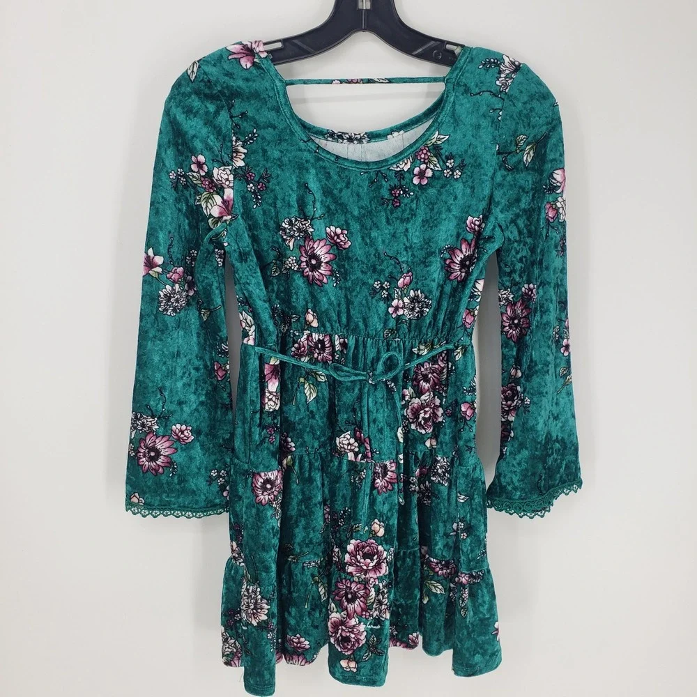 BEAUTEES Floral Velvet Tiered Dress Girls 12 Teal Crochet Lace Long Bell Sleeve